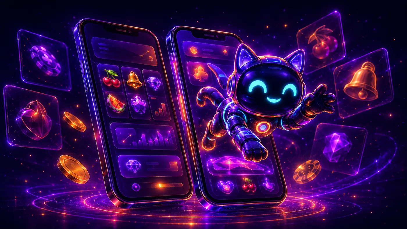 App móvil RoboCat Android e iOS — dos smartphones con interfaz neón y gato robot mascota saltando de la pantalla