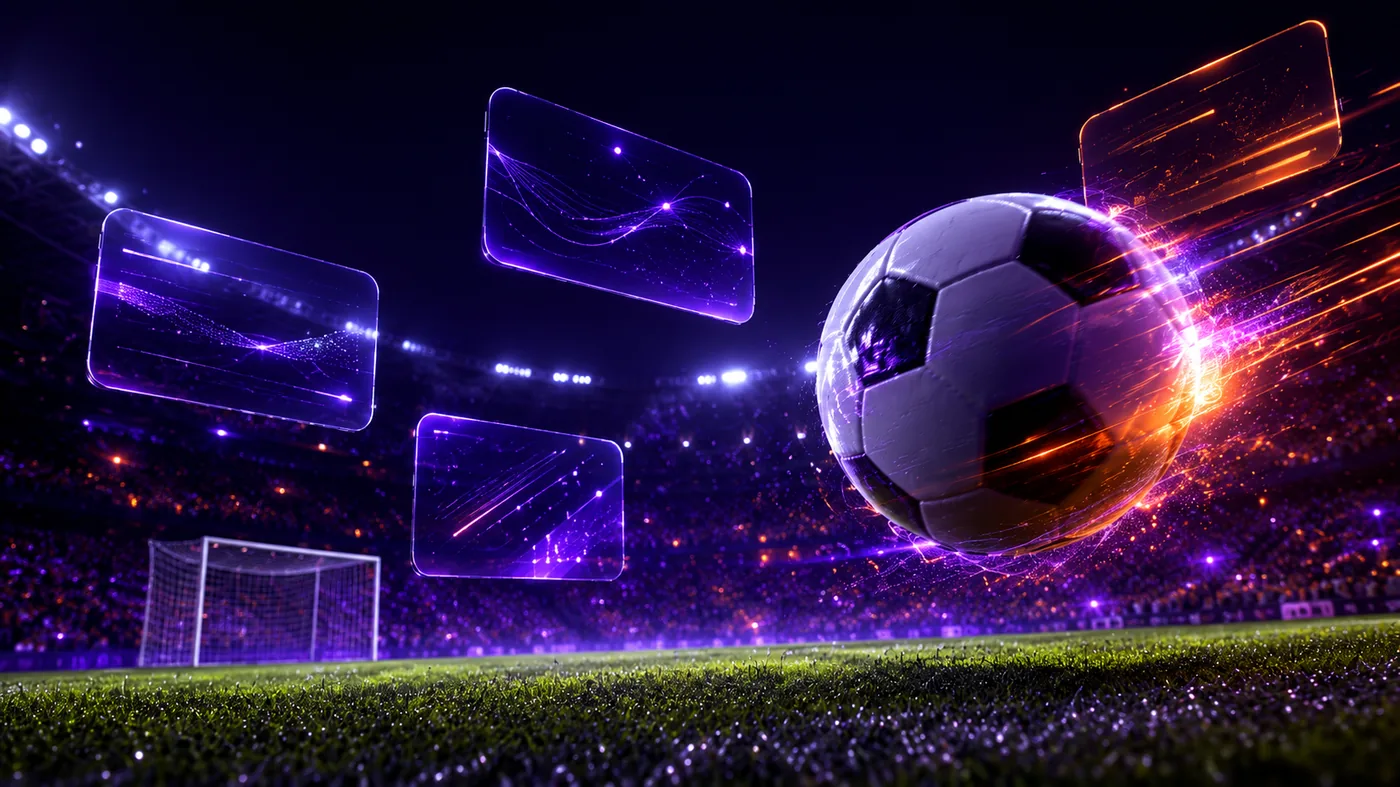 Apuestas deportivas RoboCat — estadio de fútbol iluminado con balón neón y paneles holográficos para LaLiga