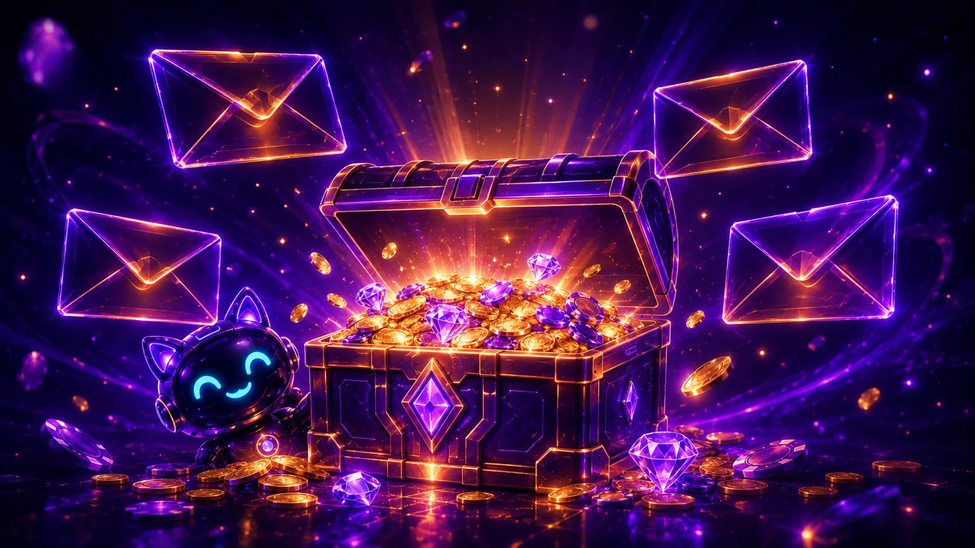 Bono de bienvenida RoboCat 500 € — cofre dorado con monedas, fichas violeta y cuatro sobres flotantes neón