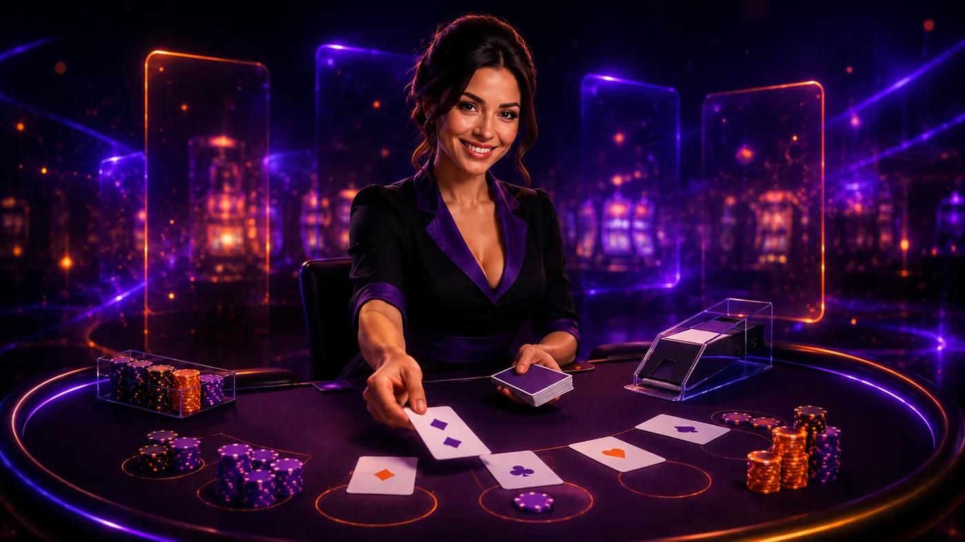 Casino en vivo RoboCat — crupier española en mesa de blackjack con fichas violeta y naranja