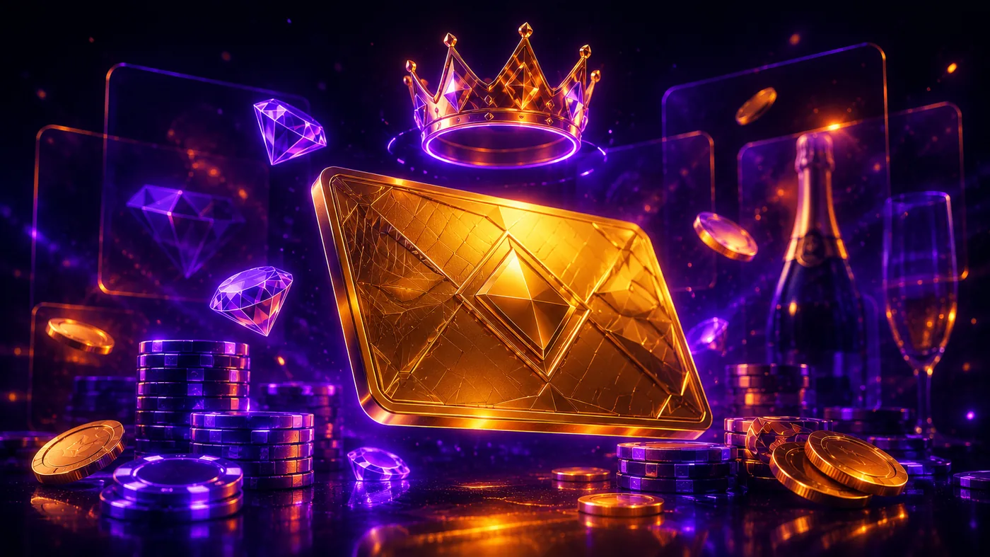 Club VIP RoboCat Quantum — tarjeta dorada con corona neón, fichas y diamantes flotando