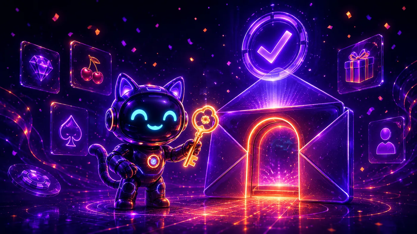 Registro en RoboCat Casino España — mascota gato robot con llave dorada junto a puerta luminosa de bienvenida